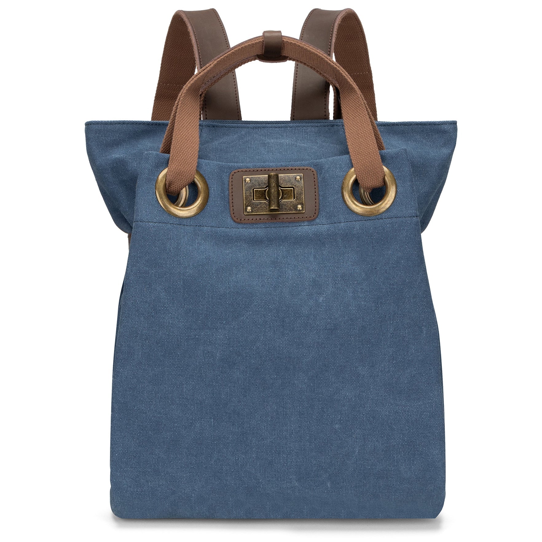 Olive/Washed Blue Dual-Mode Rectangular Canvas Carry Vessel with Antiqued Metallic Grommet Twist Lock and Convertible Hand & Back Carry Fixtures Backpack