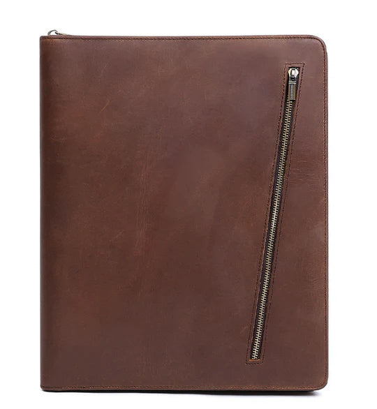 Warm Brown Full-Zip Rectangular Multi-Compartment Document Vessel with Tablet & Notepad Holding Insets and Slanted Outer Slip Pocket Padfolio