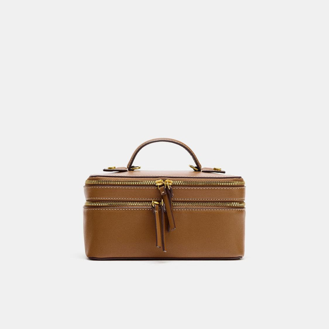 Warm Caramel Dual-Compartment Rectangular Vanity Carry Casket With Contrast Stitch Detailing, Curved Top Gripping Loop And Double Metallic Zip Track Closure Train Case