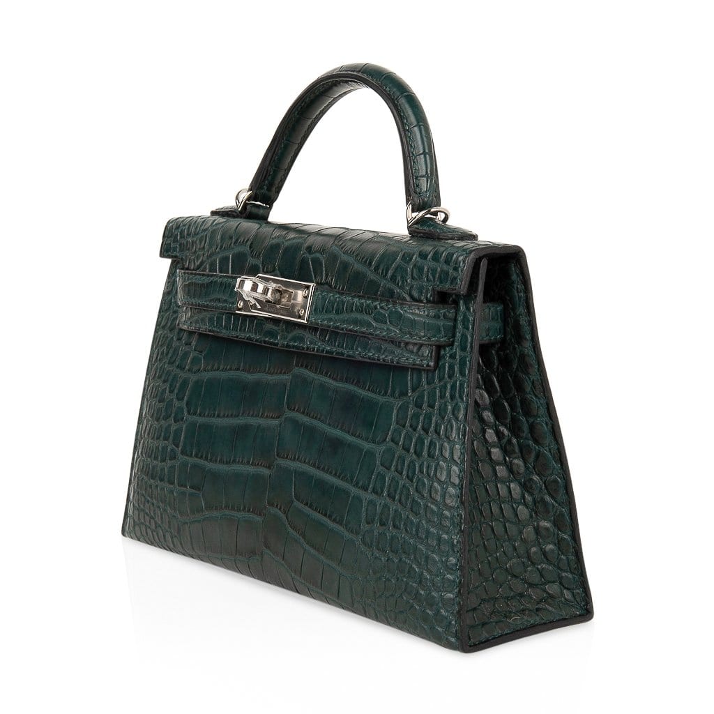 👜Kelly 20 Mini Sellier Bag Vert Cypress Matte Alligator Palladium