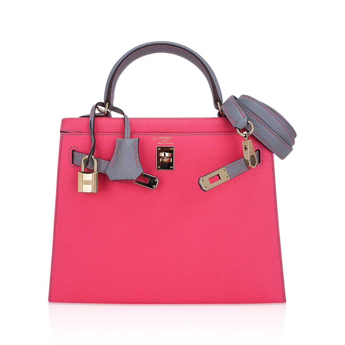 👜Kelly Sellier 25 HSS Bag Rose Azalee/Gris Mouette Leather Permabrass