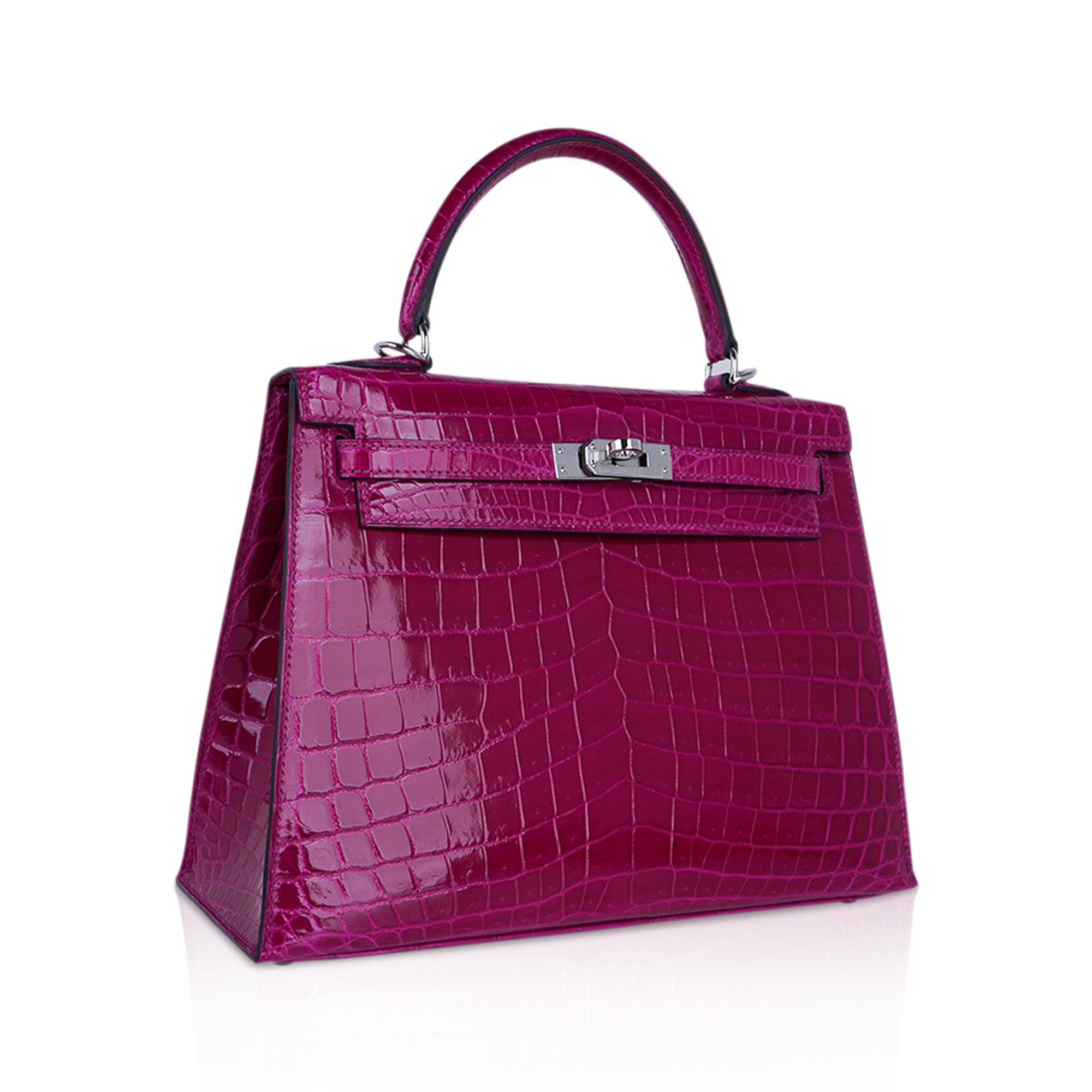 👜Kelly 25 Sellier Bag Rose Pourpre Crocodile with Palladium Hardware