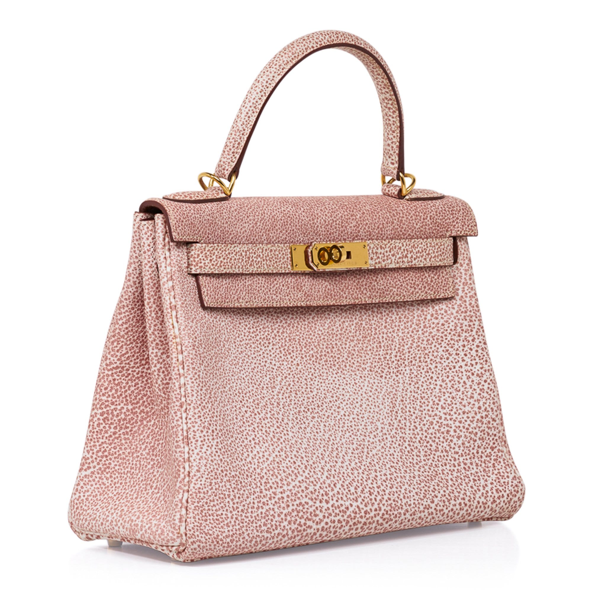 👜Kelly 28 Pink Dalmation Buffalo Skipper Leather Bag Gold Hardware