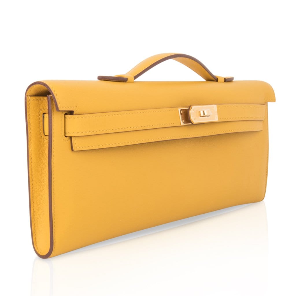 👜Kelly Cut Bag Jaune Ambre Clutch Swift Gold Hardware New