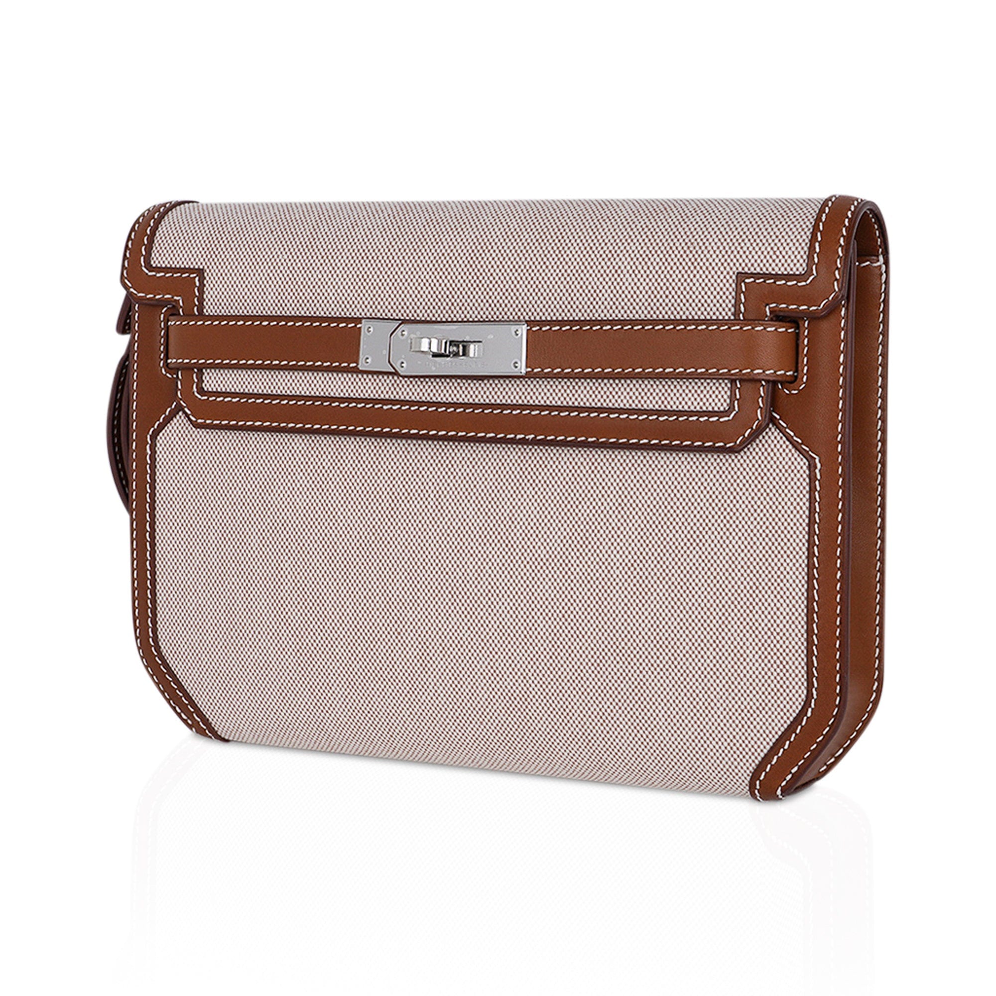 👜Kelly Depeches 25 Pouch Toile & Fauve Barenia Trim with Palladium Hardware