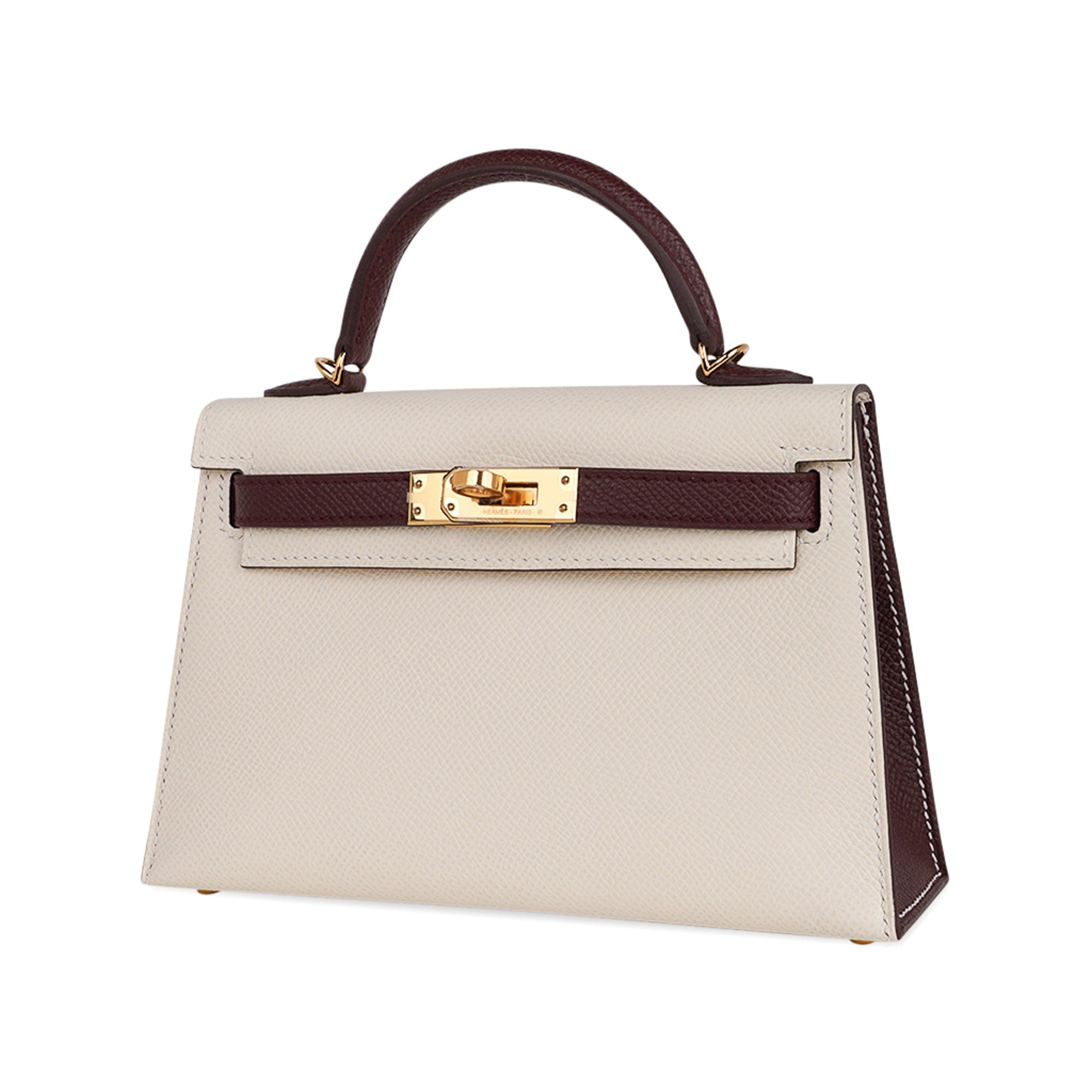 👜Special Order HSS Mini Kelly 20 Sellier Bag Nata & Bordeaux Epsom Leather with Gold Hardware