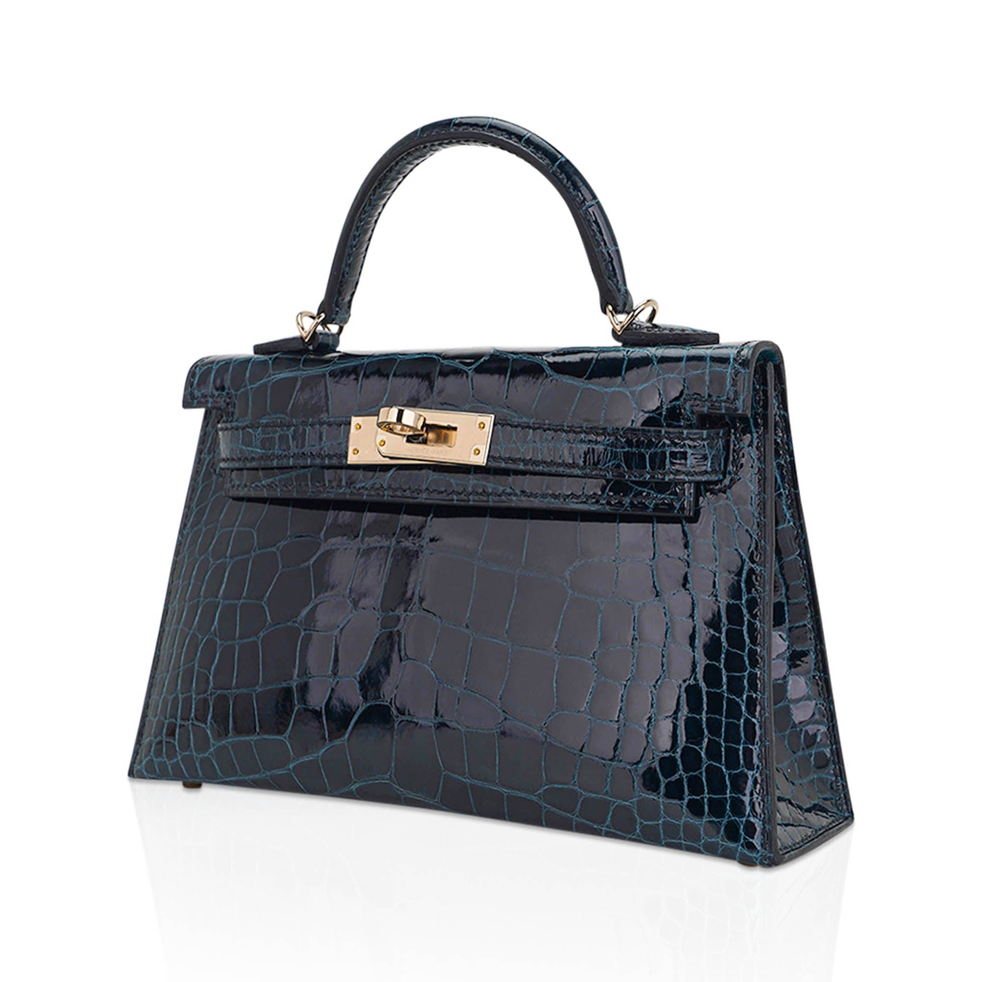 👜Limited Edition Verso Mini Kelly 20 Sellier Bag Vert Rousseau & Blue Paon Alligator with Permabrass Hardware