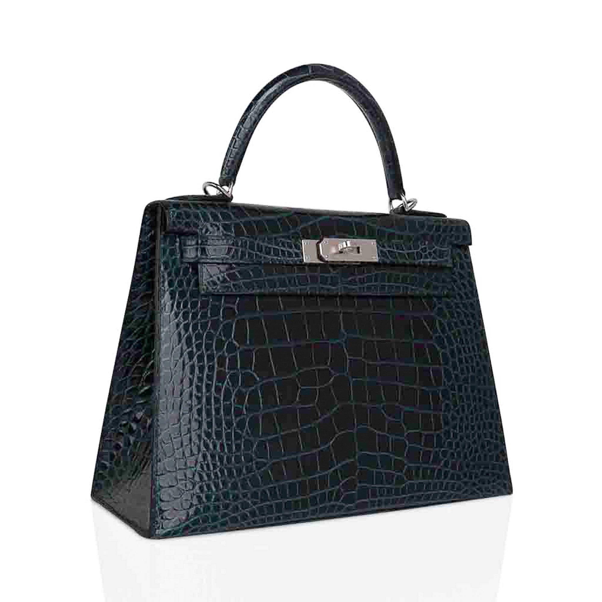 👜Kelly 28 Sellier Verso Vert Cypress / Vert Jade Bag Alligator Palladium Hardware