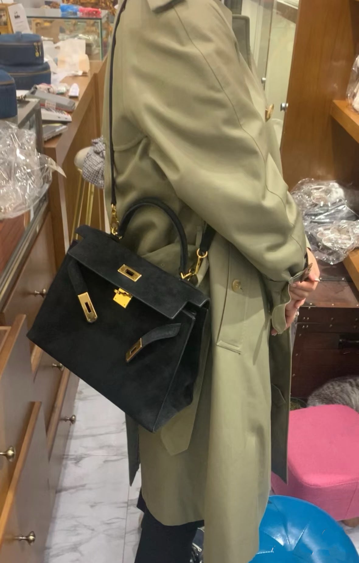 Kelly Sellier 22cm Noir Suede Leather Gold Hardware Women Mini Handbag