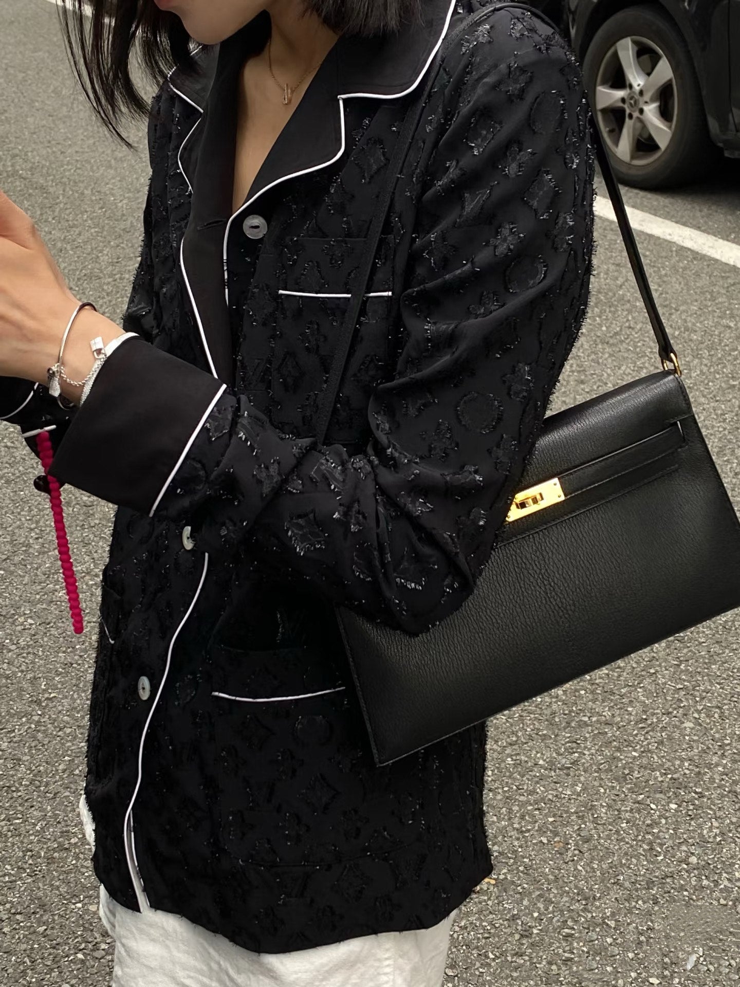 Kelly Elan 25 Underarm Baguette Bag, Genuine Top Layer Cowhide with Glossy Goat Grain, Gold Hardware Black Shoulder Handbag, Spacious Capacity Casual Versatile Daily Purse Size 25×6.5×15cm