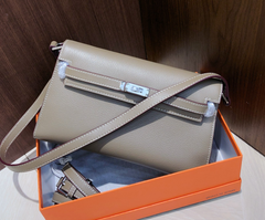Kelly Elan 25 Underarm Baguette Bag, Genuine Top Layer Cowhide Goat Grain Leather, Silver Hardware Khaki Shoulder Handbag, Timeless Neutral Must-have Bag Elegant Versatile Daily Purse Size 25×6.5×15cm