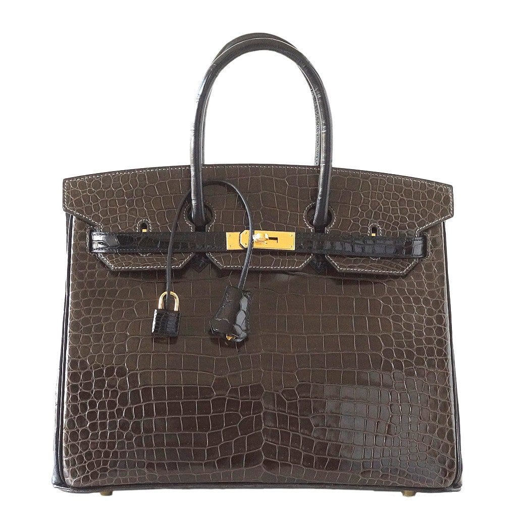👜Birkin 35 Bag HSS Porosus Crocodile Gris Elephant / Black Gold Hdw