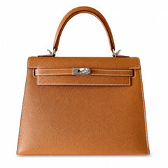 Kelly25cm Epsom original palm print leather ck37 golden brown Gold silver buckle PHW top quality fully hand-sewn Stock