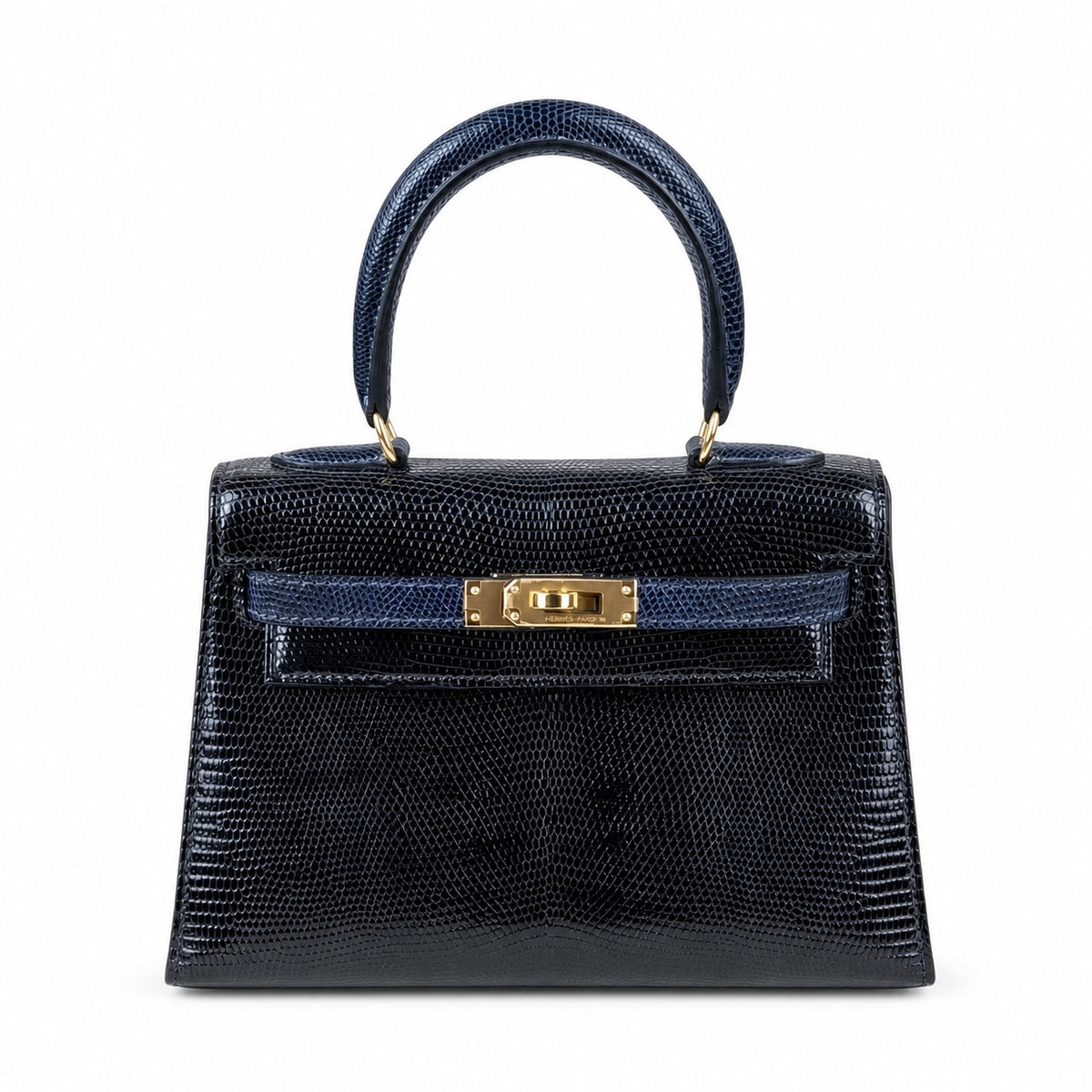 Kelly big ears, black with sapphire blue, original lizard leather, 20cm, completely handmade inside and outside, original hardware, shoulder strap❤️