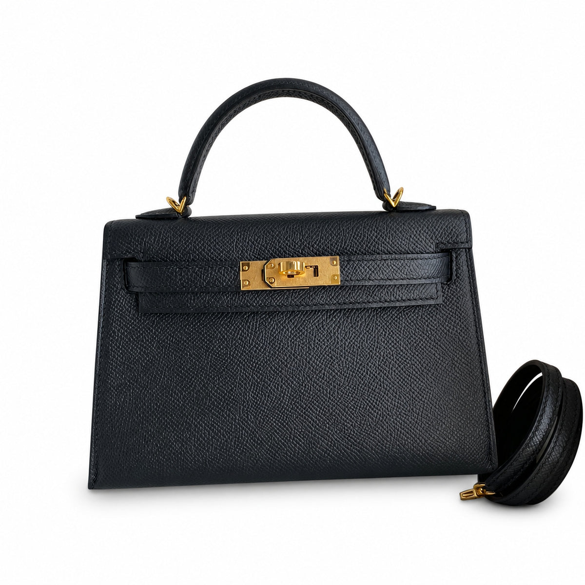 Second generation Mini Kelly 19cm Epsom leather black gold buckle