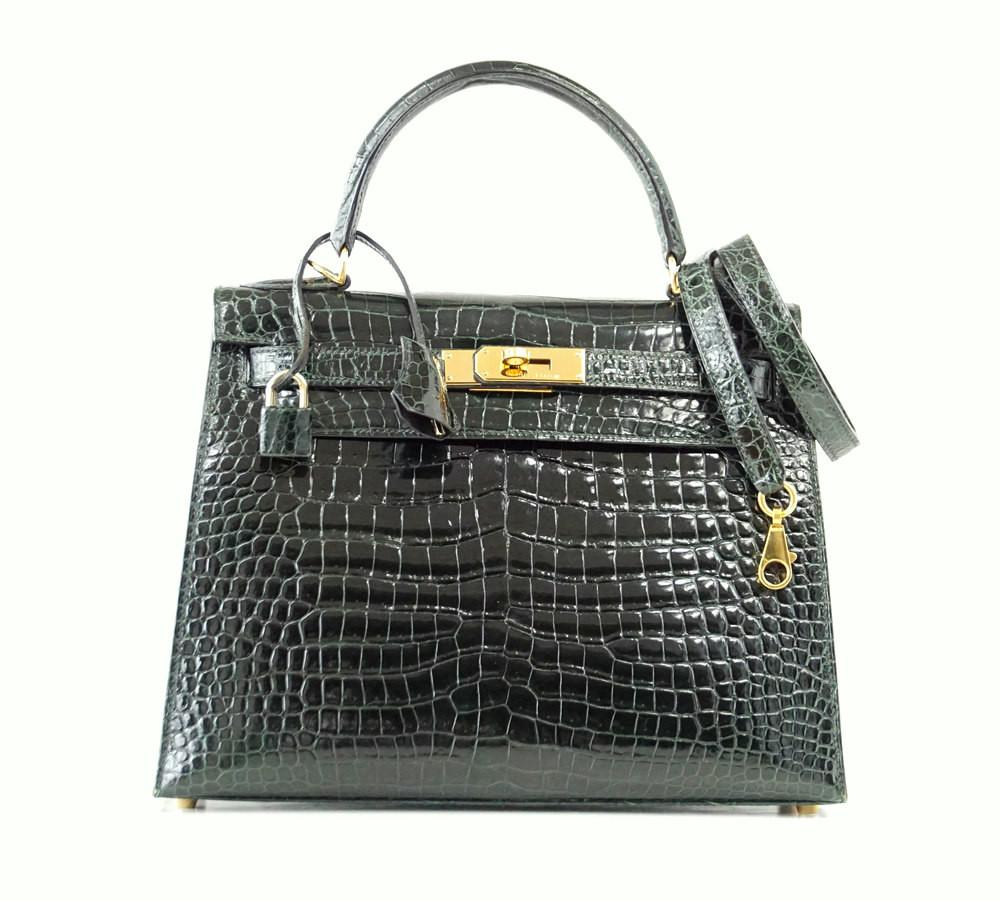 👜Kelly 28 Bag Exotic Vert Fonce Porosus Crocodile Gold