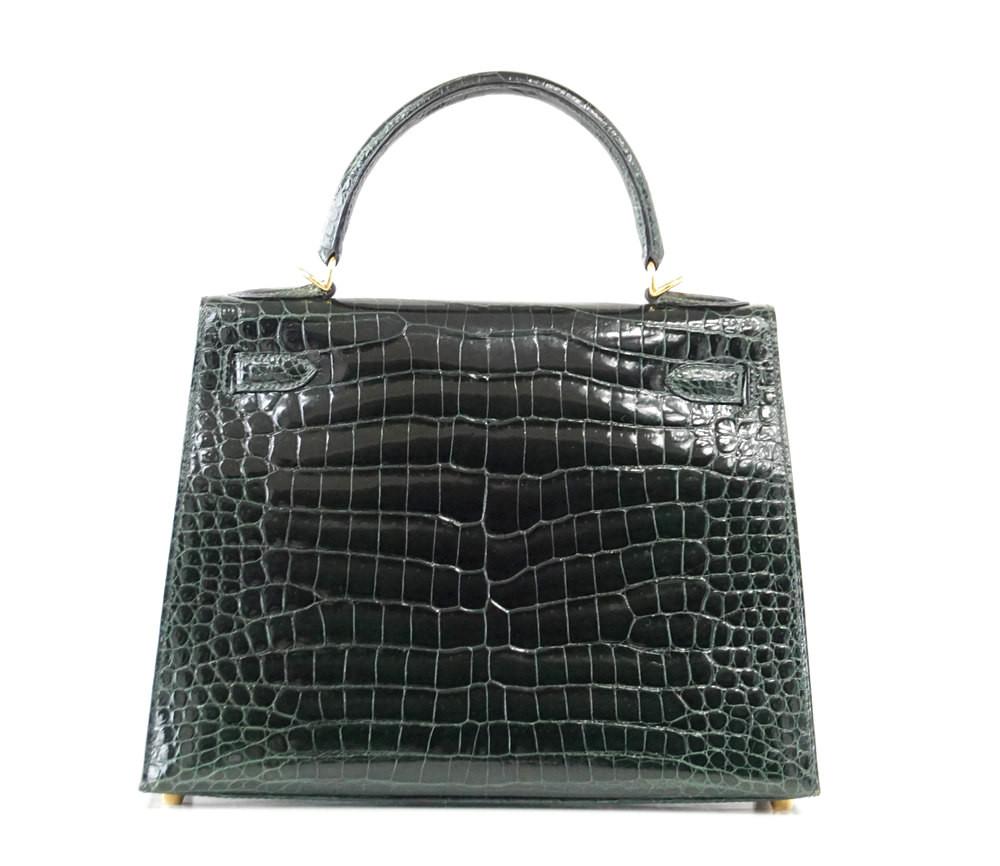 👜Kelly 28 Bag Exotic Vert Fonce Porosus Crocodile Gold
