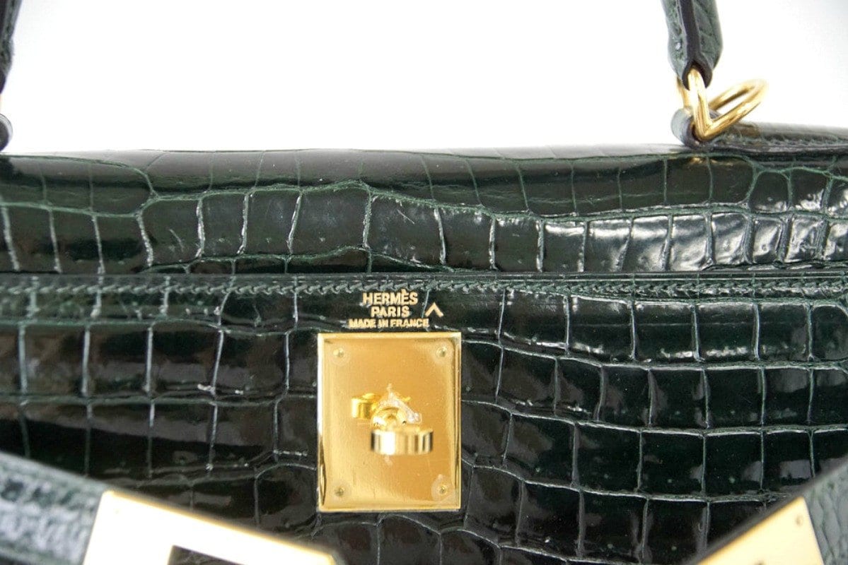 👜Kelly 28 Bag Exotic Vert Fonce Porosus Crocodile Gold