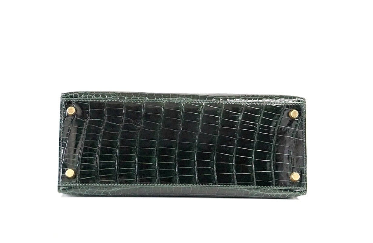 👜Kelly 28 Bag Exotic Vert Fonce Porosus Crocodile Gold