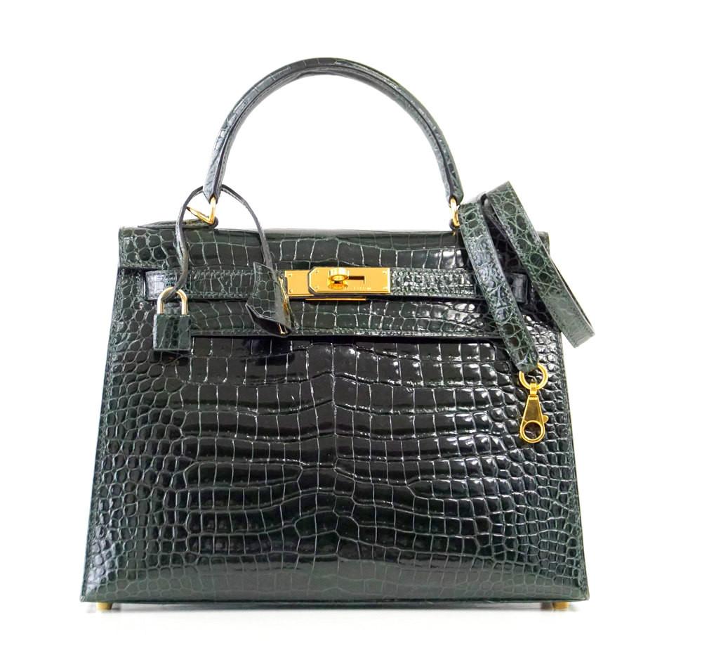 👜Kelly 28 Bag Exotic Vert Fonce Porosus Crocodile Gold