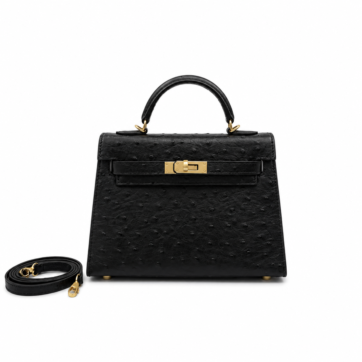 Mini Kelly Sellier 19cm Noir Ostrich Leather Gold Hardware Women Mini Handbag