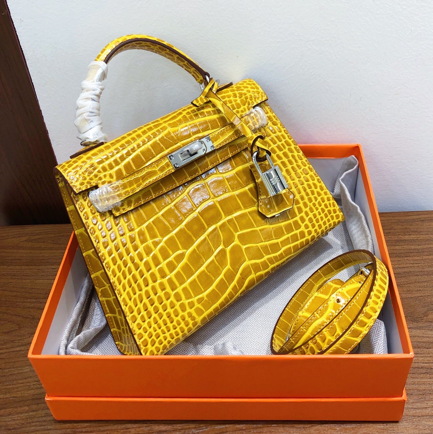 Kelly Sellier 22cm Jaune Ambre Shiny Crocodile Leather Gold Hardware & Palladium Hardware Women Handbag