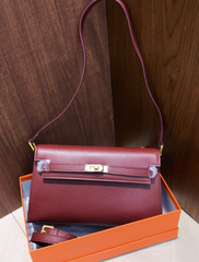 Kelly Elan 25 Underarm Baguette Bag, Genuine Top Layer Cowhide Goat Grain Leather, Gold Hardware Vintage Wine Red Shoulder Handbag, Elegant Luxury Quiet Glam Daily Purse Size 25×6.5×15cm