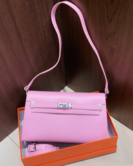 Kelly Elan 25 Underarm Baguette Bag, Genuine Top Layer Cowhide Goat Grain Leather, Silver Hardware Mauve Iris Purple Shoulder Handbag, Bright Soft Tone Youthful Elegant Daily Purse Size 25×6.5×15cm