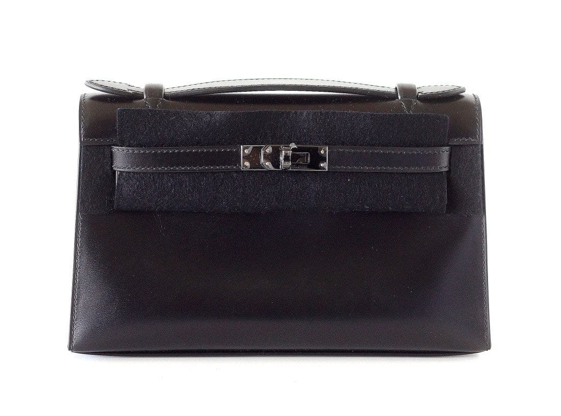 👜Kelly Pochette Clutch Bag Limited Edition So Black Box Leather Very Rare