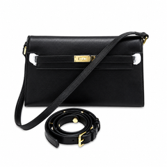 Kelly Elan 25 Underarm Baguette Bag, Genuine Top Layer Cowhide with Glossy Goat Grain, Gold Hardware Black Shoulder Handbag, Spacious Capacity Casual Versatile Daily Purse Size 25×6.5×15cm