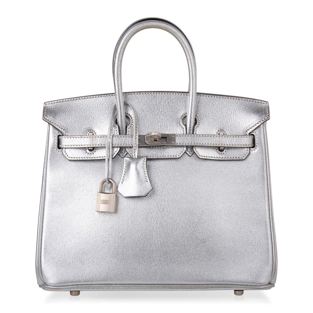 👜Birkin 25 Bag Metallic Silver Chevre with Brushed Palladium Hardware