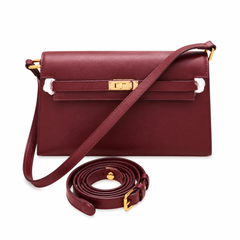 Kelly Elan 25 Underarm Baguette Bag, Genuine Top Layer Cowhide Goat Grain Leather, Gold Hardware Vintage Wine Red Shoulder Handbag, Elegant Luxury Quiet Glam Daily Purse Size 25×6.5×15cm
