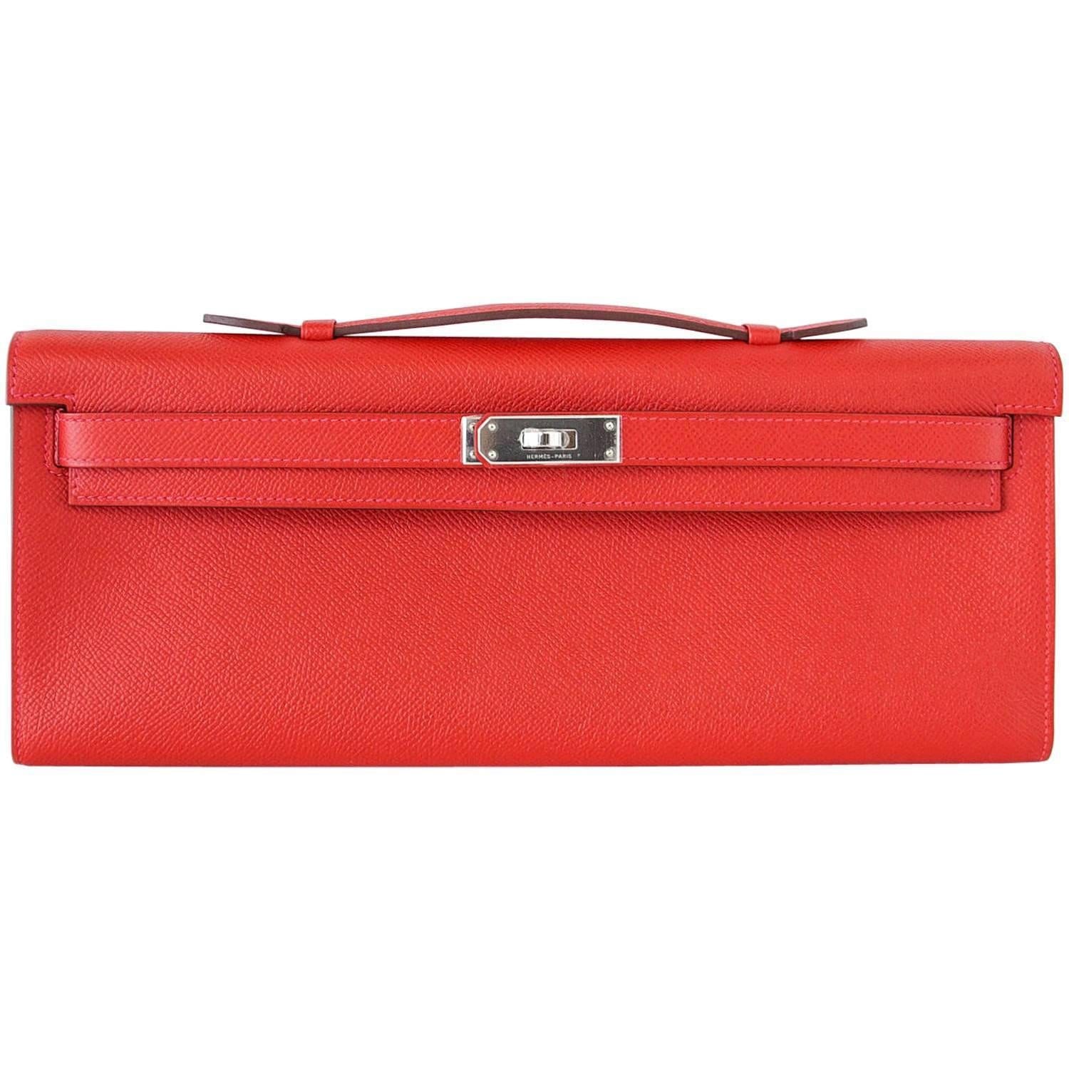 👜Kelly Cut Bag Clutch Rouge Casaque Epsom Palladium