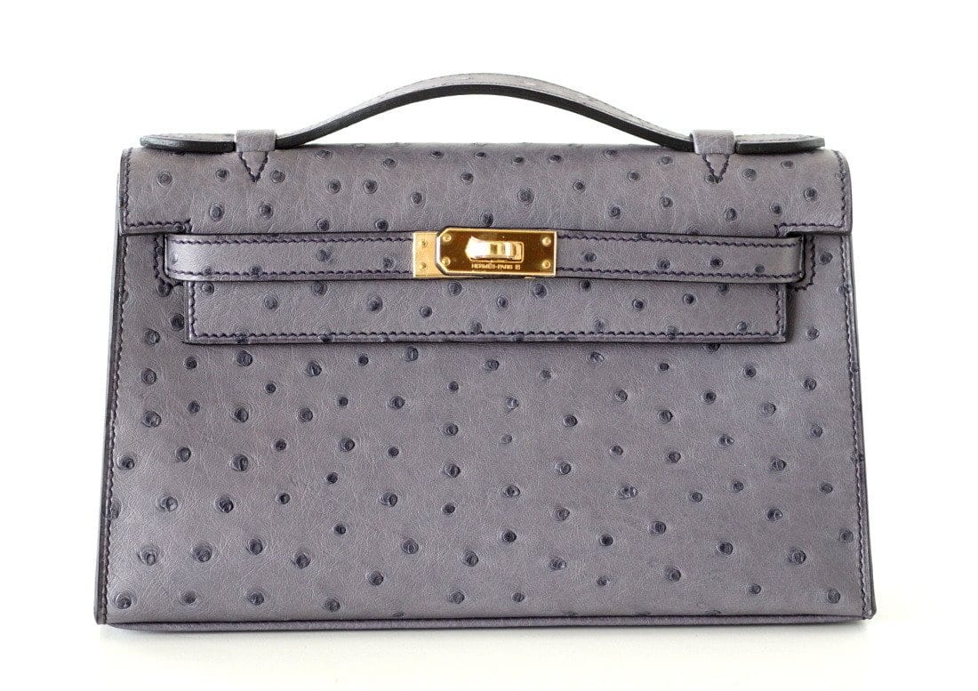 👜Kelly Pochette Clutch Bag Ostrich Gris Agate Gold Hardware