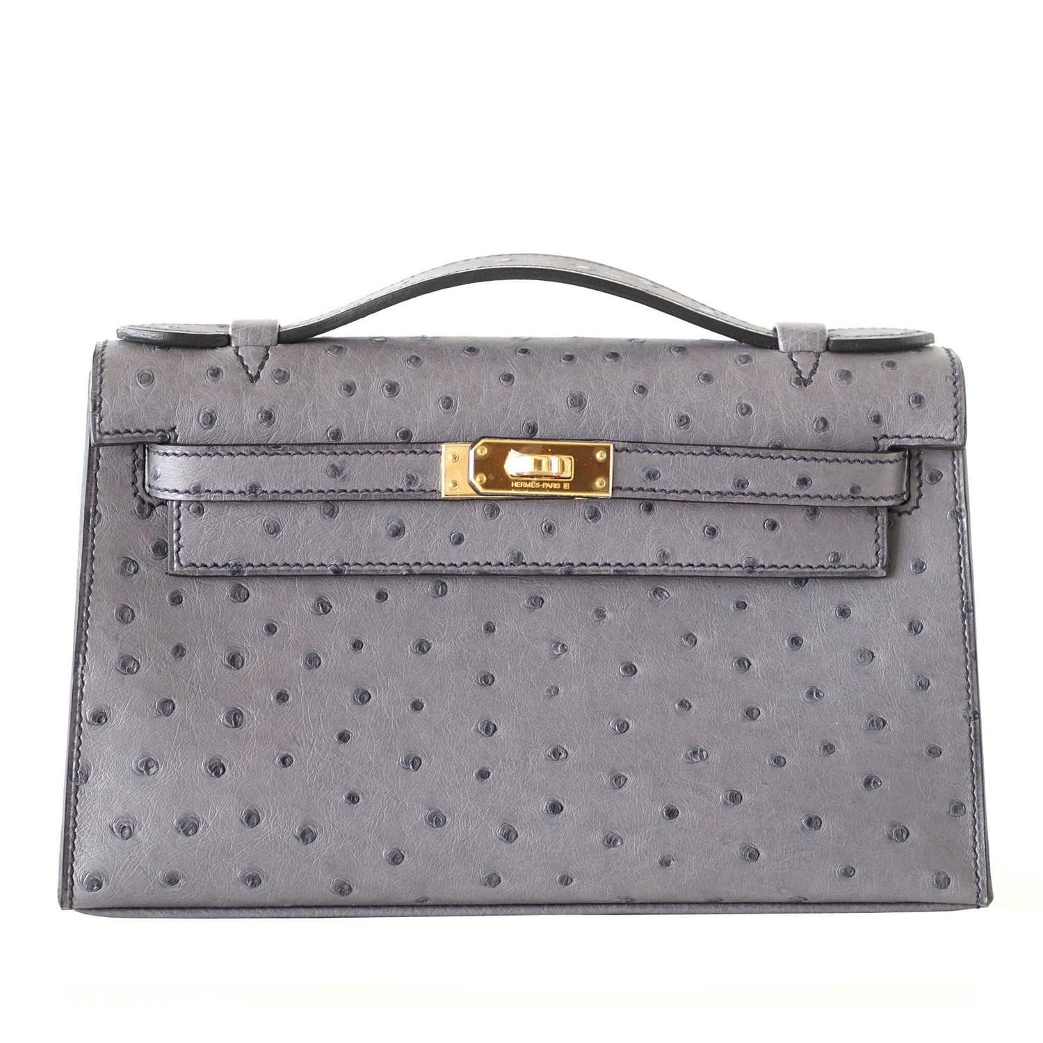 👜Kelly Pochette Clutch Bag Ostrich Gris Agate Gold Hardware