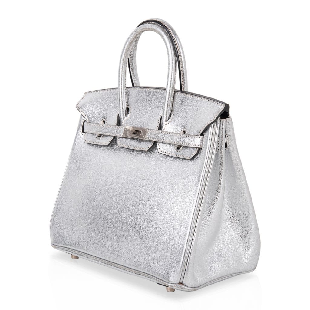 👜Birkin 25 Bag Metallic Silver Chevre with Brushed Palladium Hardware