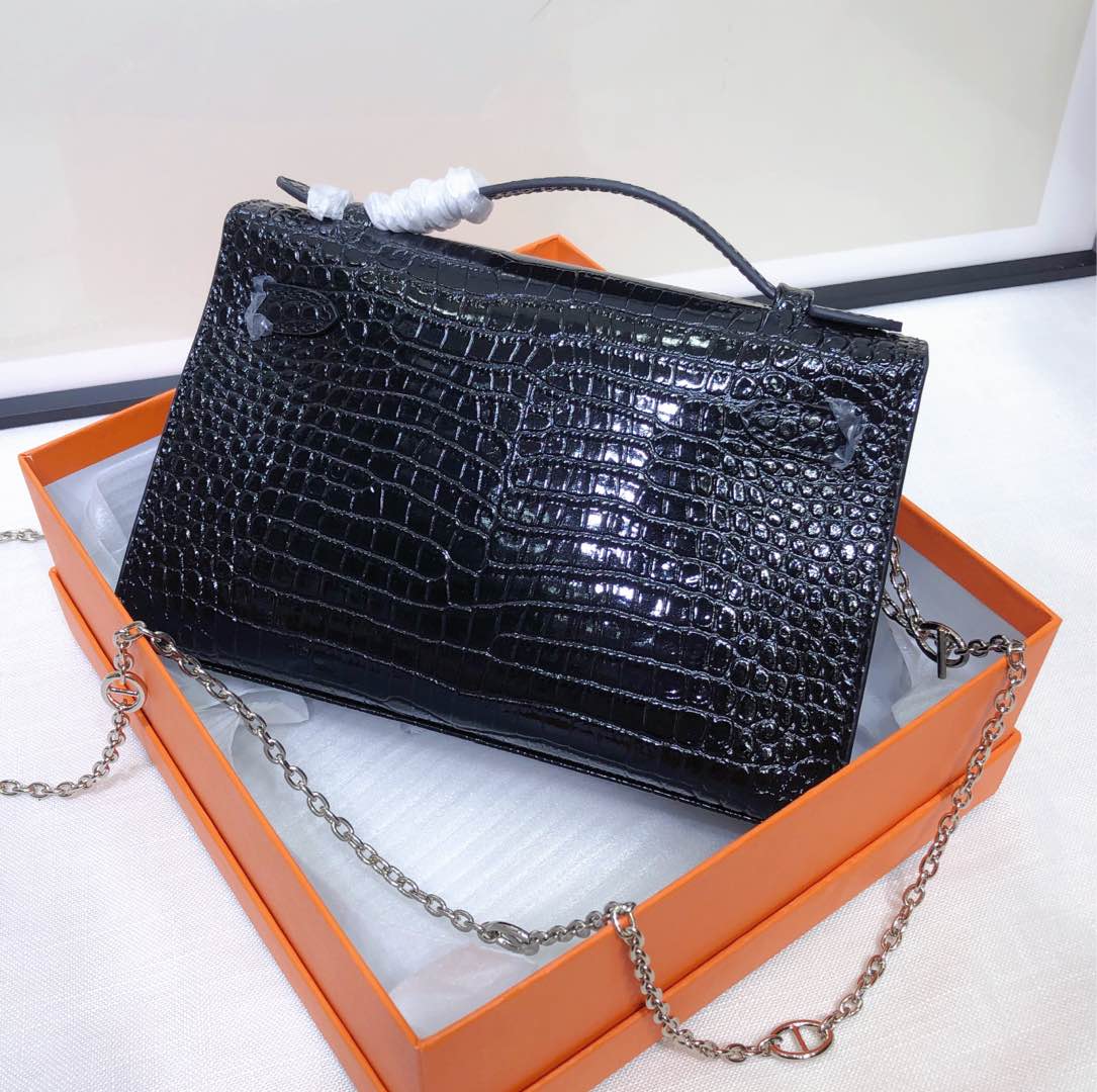 Kelly Pochette Noir Shiny Niloticus Crocodile Leather Palladium Hardware & Palladium Hardware Women Clutch Bag