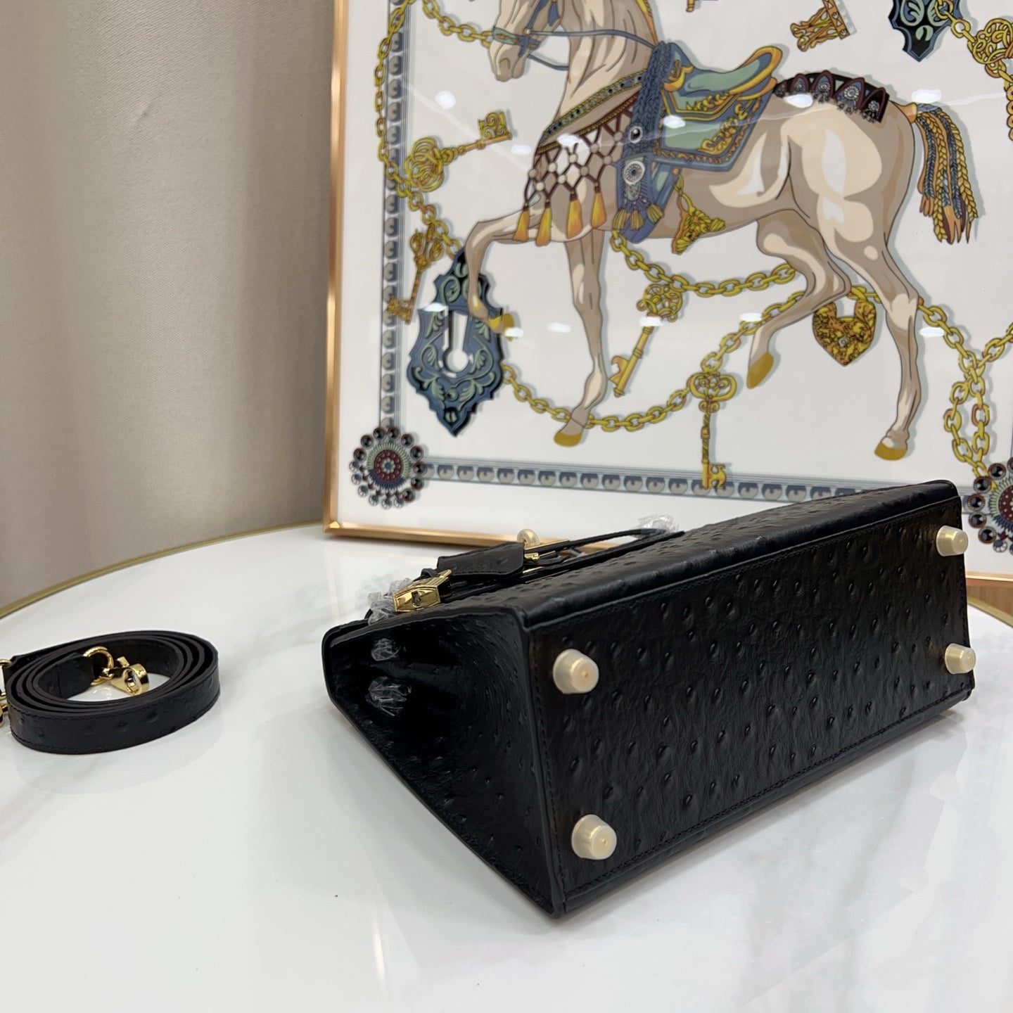 Kelly Sellier 25cm Noir Black Ostrich Gold Hardware Designer Shoulder Tote