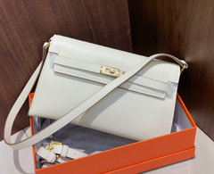 Kelly Elan 25 Underarm Baguette Bag, Genuine Top Layer Cowhide with Goat Grain, Gold Hardware Minimalist Off White Shoulder Handbag, Size 25×6.5×15cm Elegant Soft Tone Daily Purse for Women