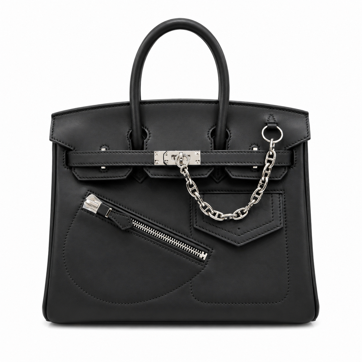 Birkin 25 Rock Black Leather Multi-Pocket Handbag with Chain