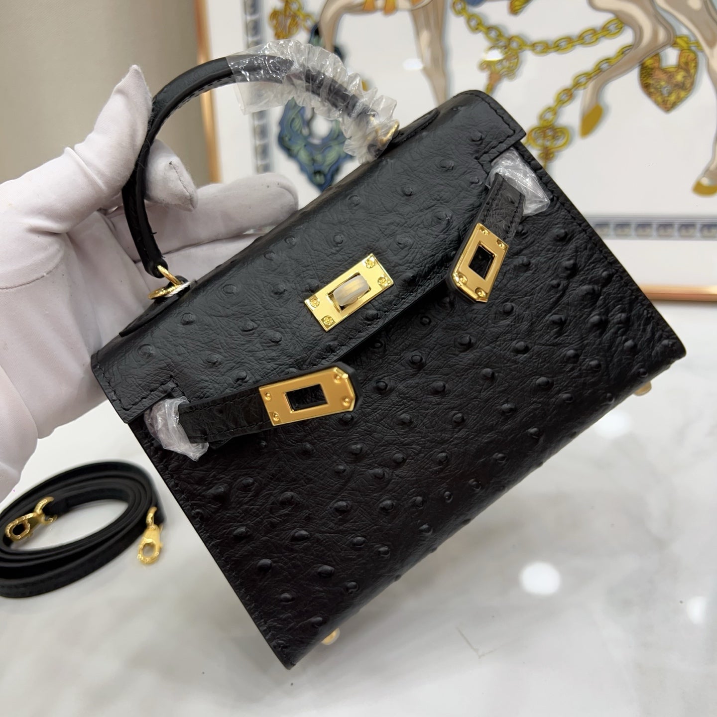Mini Kelly Sellier 19cm Noir Ostrich Leather Gold Hardware Women Mini Handbag