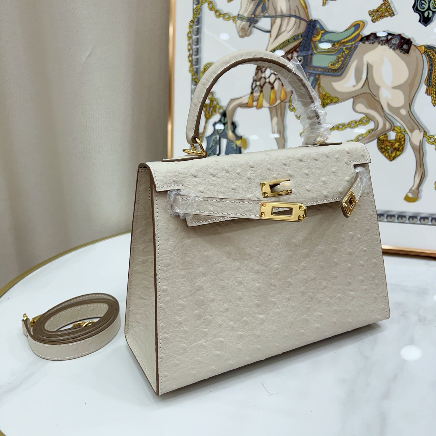 Kelly Sellier 25cm Craie Ostrich Gold Hardware Premium Women Shoulder Purse