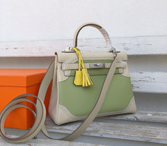 Kelly Sellier Ghillies 28cm Craie & Vert Pomme Barenia Leather Palladium Hardware Women Handbag