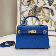 Mini Kelly II 19cm Sellier Bleu Electrique Ostrich Gold Hardware Luxury Crossbody Handbag