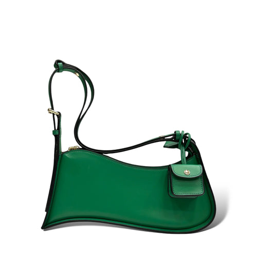 Multi-Tone Asymmetrical Curved Slim Shoulder Carry Vessel Diminutive Snap Pouch Dangling Accent and Sleek Sealed Top Track Handbag