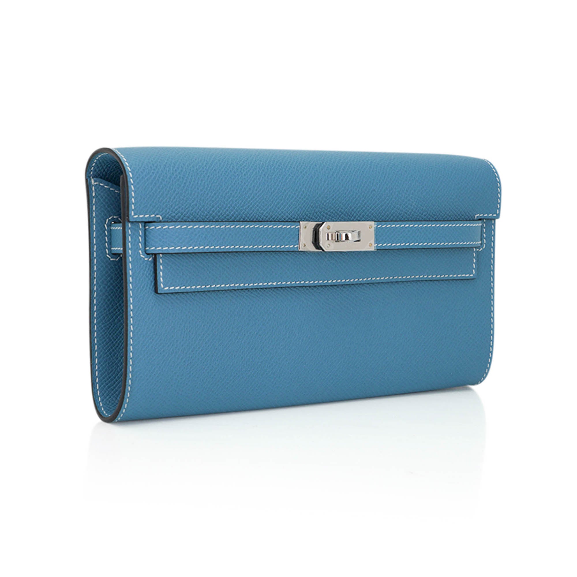 👜Kelly Classique To Go Wallet New Blue Jean Epsom with Palladium Hardware