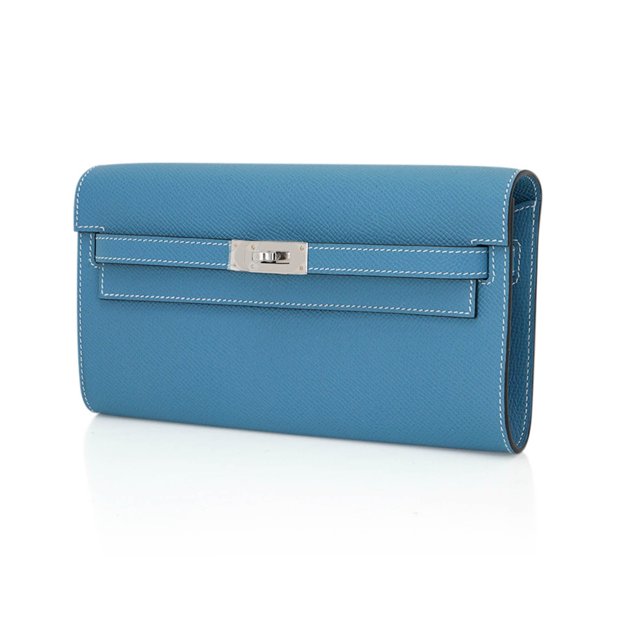 👜Kelly Classique To Go Wallet New Blue Jean Epsom with Palladium Hardware