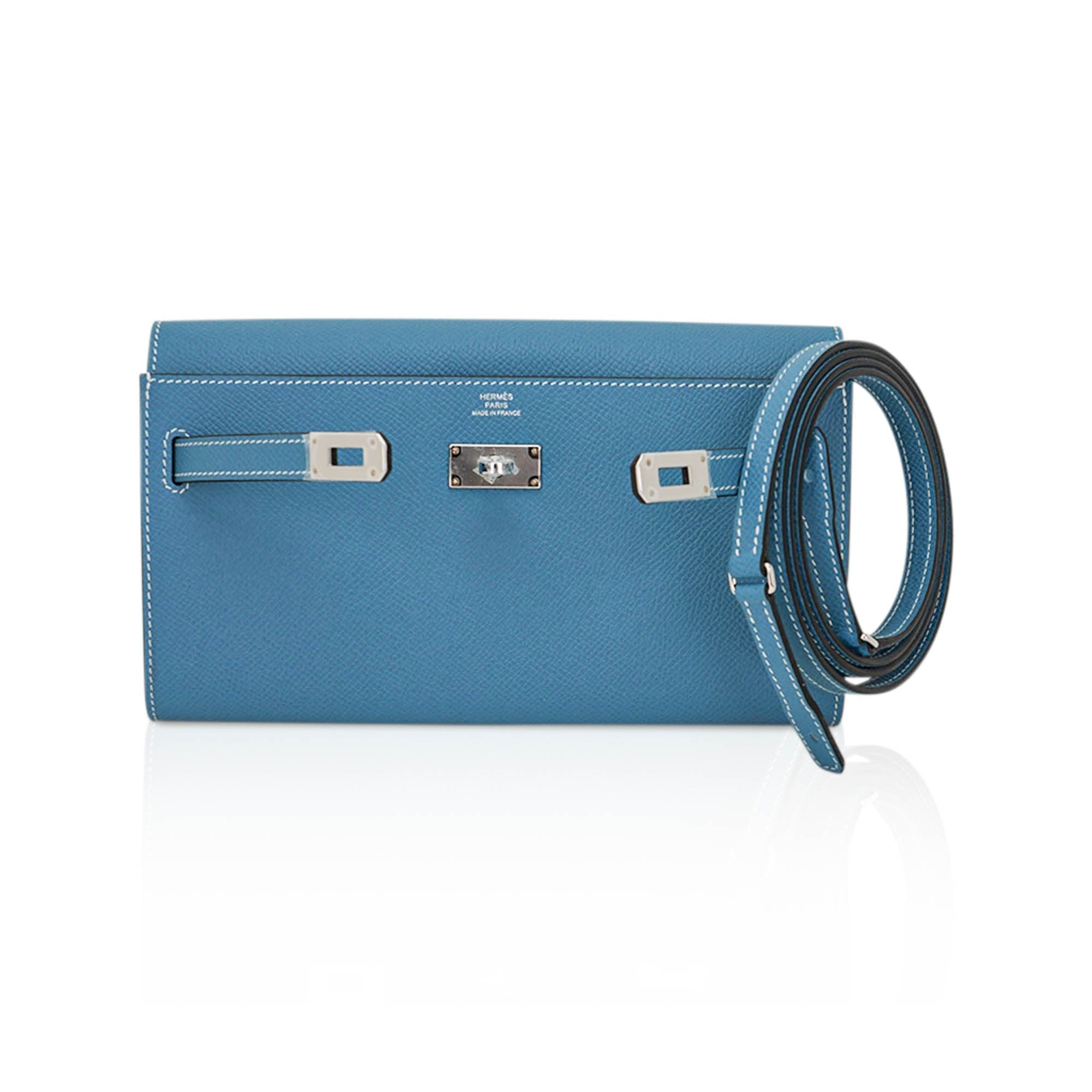 👜Kelly Classique To Go Wallet New Blue Jean Epsom with Palladium Hardware