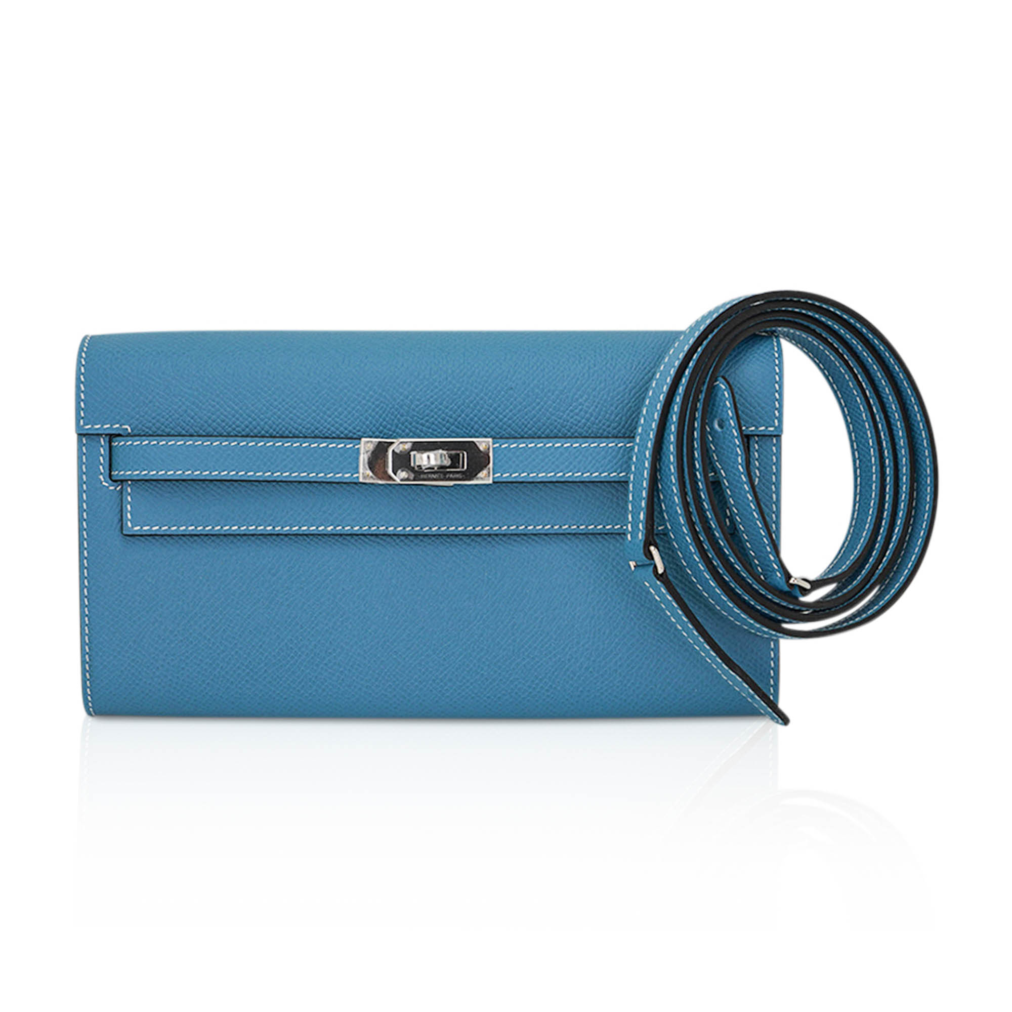 👜Kelly Classique To Go Wallet New Blue Jean Epsom with Palladium Hardware