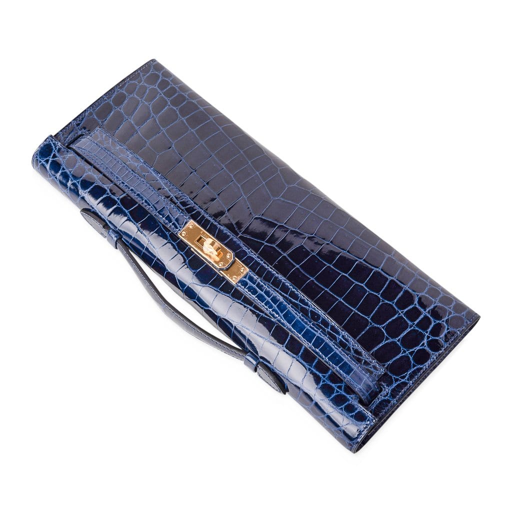 👜Kelly Cut Blue Sapphire Crocodile Clutch Bag Gold Hardware